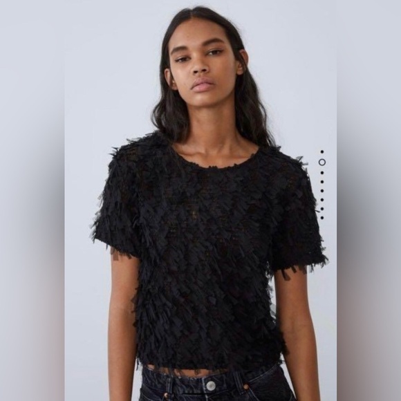 ZARA Women's Black Fringe Textured Short Sleeve Cropped Blouse Top Size L - Picture 4 of 12